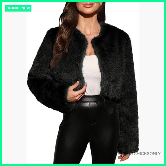 Jackets & Blazers - Faux Fur Cropped Jacket Open Front Long Sleeve Fuzzy Outerwear